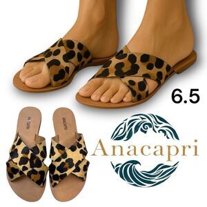 Anacapri Women's Animal Print Cross Strap Flat Sandal Brown & Black Size 6.5